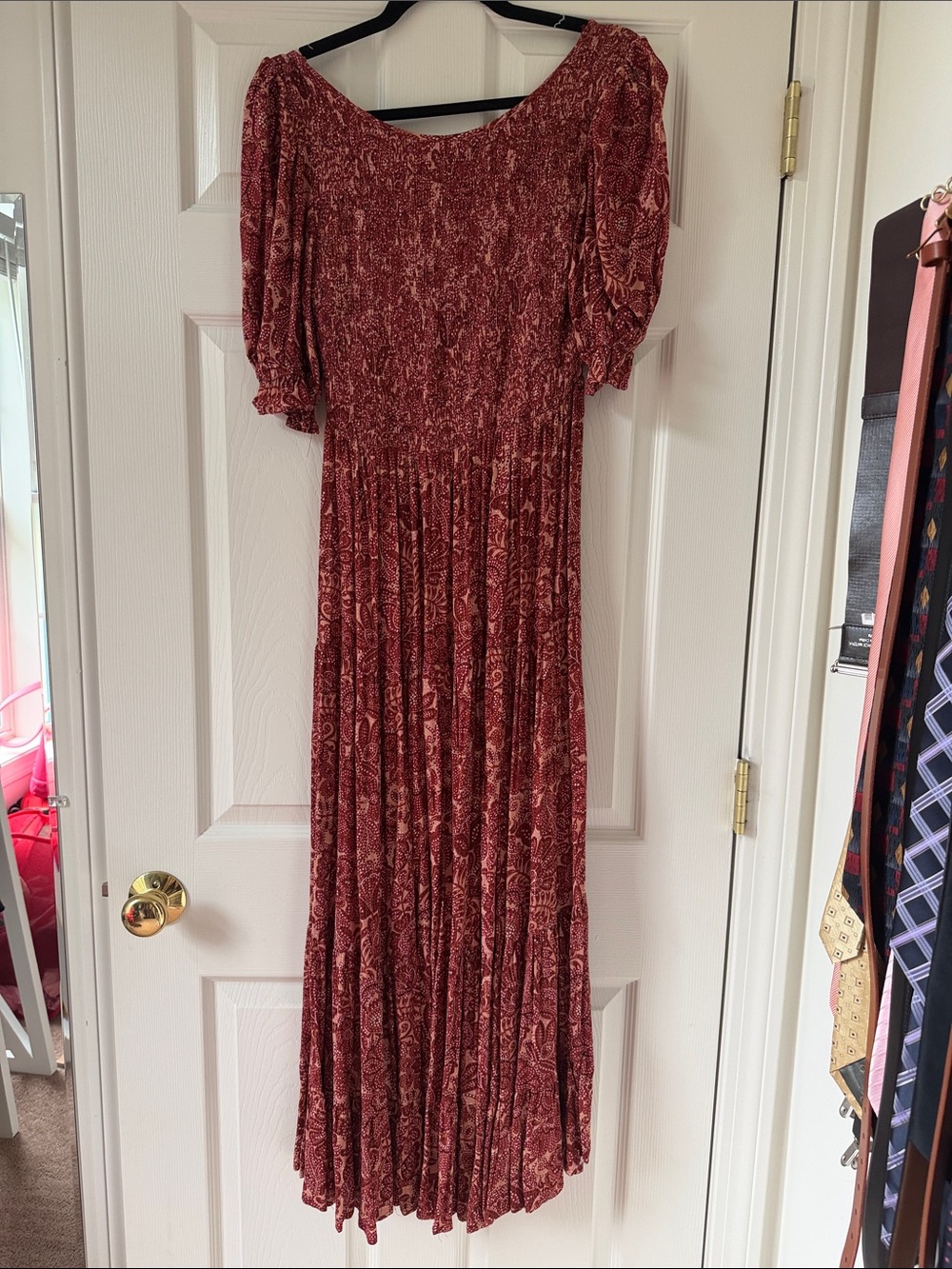 Vici Burgundy Patterned Maxi Dress with Puff Sleeves